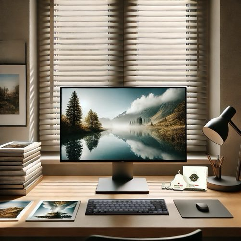 Ein Bildschirm, zeigt eine Landschaftsaufnahme und steht vor einem Fenster mit heruntergelassen Jalousie, davor links, ein Bilderstapel mit dem gleichen Motiv, welches farbig identisch ist. Vor dem Monitor eine Tastatur und rechts  davon das aktuelle Kalibrierungsgerät von Datacolor