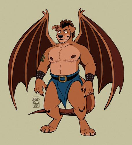 A full portrait drawing of Angelo, a trans male anthro dog with floppy ears and a curly hair head tuft as a gargoyle. Wearing a loincloth and studded wristbands.

Signed, AngeloFalls 2024