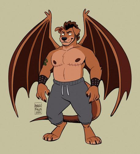 A full portrait drawing of Angelo, a trans male anthro dog with floppy ears and a curly hair head tuft as a gargoyle. Wearing grey sweatpants and studded wristbands.

Signed, AngeloFalls 2024