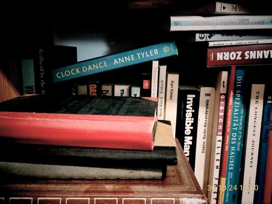 Farbfoto, das ein Sammelsurium von Büchern in einem Regal zeigt - eine Mischung aus Deutsch und Englisch. Im Vordergrund liegen flach ein paar Bücher ohne Beschriftung auf dem Rücken. Soeben aufgenommen mit einem Mobiltelefon und Vignette for Android.