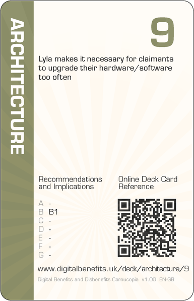 Image of the DBD Cornucopia Nine of Architecture card with text 'Lyla makes it necessary for claimants to upgrade their hardware/software too often'
