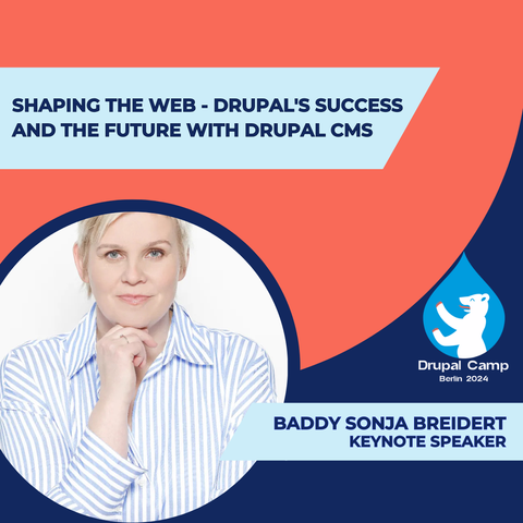 A promotional graphic for Drupal Camp Berlin 2024 featuring a headshot of Baddy Sonja Breidert, labeled as "Keynote Speaker." The title reads: "Shaping the Web - Drupal's Success and the Future with Drupal CMS." The Drupal Camp Berlin 2024 logo is in the bottom right corner.