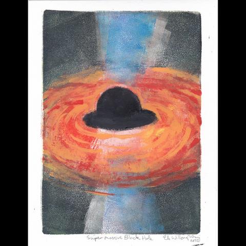 My mono print built up with layers of ink on a gel plate of a Super Massive Blackhole (SMBH) with relativistic jets. It looks like a very dark black half-sphere with flattened bulge under it, surrounded by swirling reds and oranges in a wide ring, with two pale blue narrow cones going up and down (the jets) against the black of space.