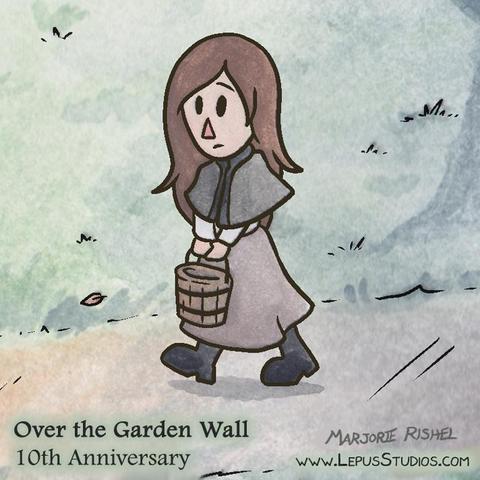A a girl with long hair and a gray shawl walks along a path. Based on the Woodsman’s daughter from the cartoon mini-series, Over the Garden Wall.