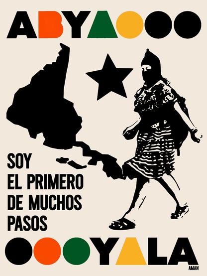 O pôster retrata o mapa de abya yala se transformando em uma mulher Latina, especificamente uma mulher indígena do exército da Batista usando uma capucha ao lado de uma estrela negra, abaixo da arte uma frase da comandante Ramona: 

“ Soy el primero de muchos pasos. ”

A arte está feita na cor preta, a palavra abya yala alterna entre as cores preto amarelo verde e vermelho.