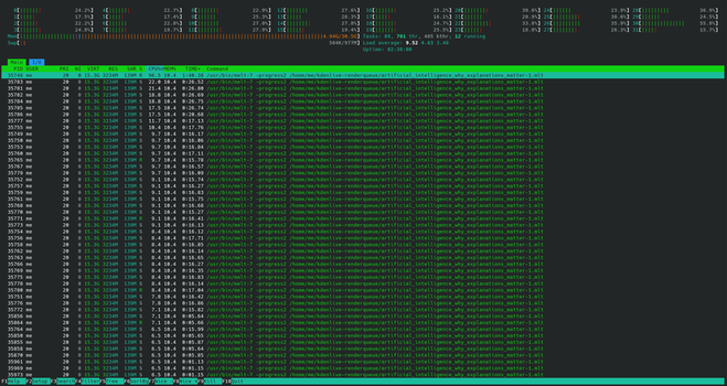 Screenshot of htop, showing many threads of MLT running but not using the 32 cores to their max capabilities.