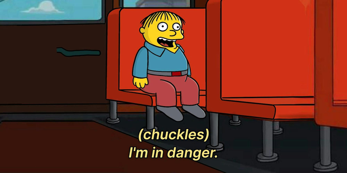 ralph wiggum from the simpsons on a bus with the subtitle "(chuckles) i'm in danger"