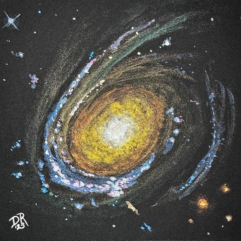 ASTRAL JELLYFISH by Danielle Rose Baker.
A pearlescent watercolor painting on black of the jellyfish galaxy JW39 as seen by the NASA/ESA Hubble Space Telescope. The galaxy core is seen in golds and whites, with fainter arms punctuated by clusters of blue and pink, aglow with forming stars. This galaxy lies over 900 million light-years away in the constellation Coma Berenices and is part of a galaxy cluster. The intense gravitational pull of its larger neighboring galaxies distorts its shape, and as it drifts through the cluster, hot plasma between galaxies has stripped star-forming gases into long tendrils and ribbons, resembling jellyfish.