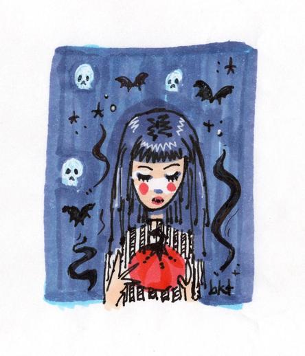 pen and marker sketch of a girl holding a pumpkin, she is surrounded by bats and skulls