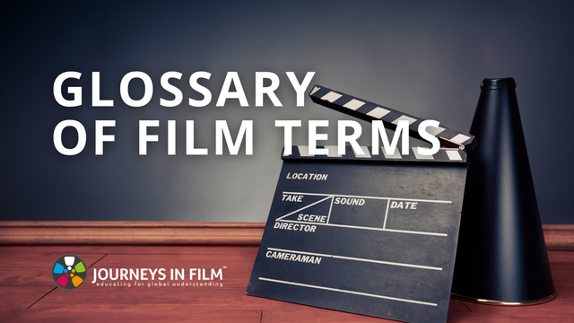 A film clapboard and classic film-era director's megaphone. Text says: "Glossary of Film Terms. Journeys in Film."