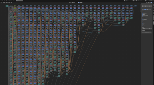 Node tree of a subsection of a complete rig displaying the link and driver connections between all components created with the Link View add-on for Blender.