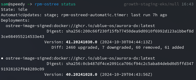 Screenshot of a linux terminal running rpm-ostree status and showing the current image on fedora 40 and new image on fedora 41.