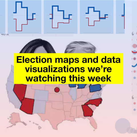 A banner reading "Election maps and data visualizations we’re watching this week" overlaid on a montage of election maps and visualizations