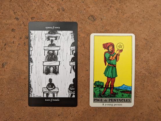The Knave of Pentacles from the Elsewhere Tarot, showing a rough, sketchy drawing of students in a classroom, sketchy and dark like the shadow figures on prior cards, and a central one of them that doesn’t have a head, alongside the Page of Pentacles from a janky, bootleg RWS deck, showing a student studying a pentacle, seemingly oblivious of the majestic outdoor landscape around him.