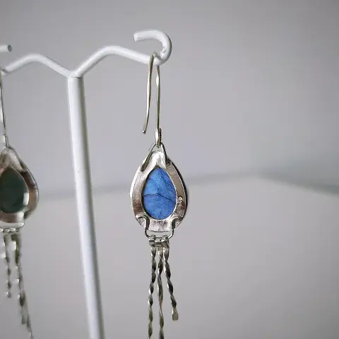 the back side of a pair of dangle drop earrings with blue teardrop shape gemstone (Labradorite)