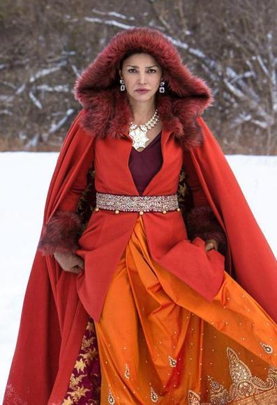 Shohreh Aghdashloo as Chrisjen Avasarala in The Expanse, wearing a glorious red outfit while walking in the snow.