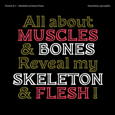 type specimen for Hetskelet font, showing sample settings