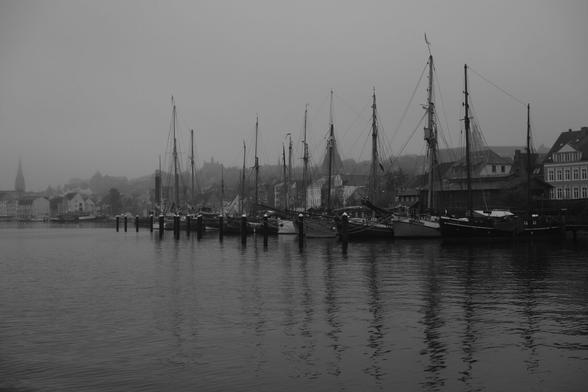 A row of sailboats docked at a pier on a misty day, with historic buildings lining the waterfront in the background.