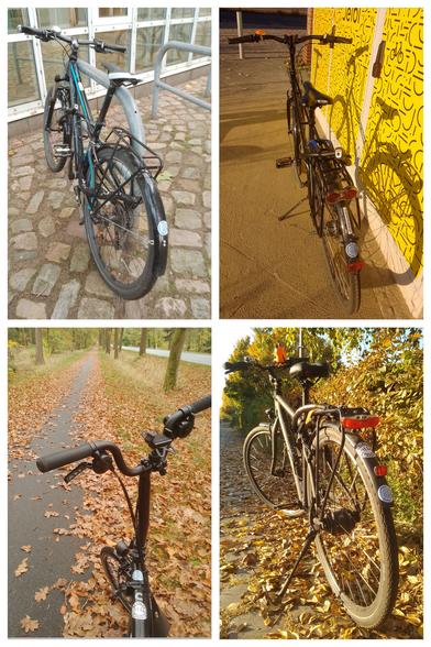 Collage aus vier Bildern von unterschiedlichen Fahrrädern mit Frostpendeln-Aufkleber.