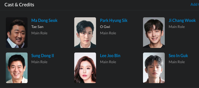 Lead cast for upcoming South Korean drama "Twelve" showing headshots of Ma Dong Seok, Park Hyung Sik, Ji Chang Wook, Sung Dong Il, Lee Joo Bin, & Seo In Guk