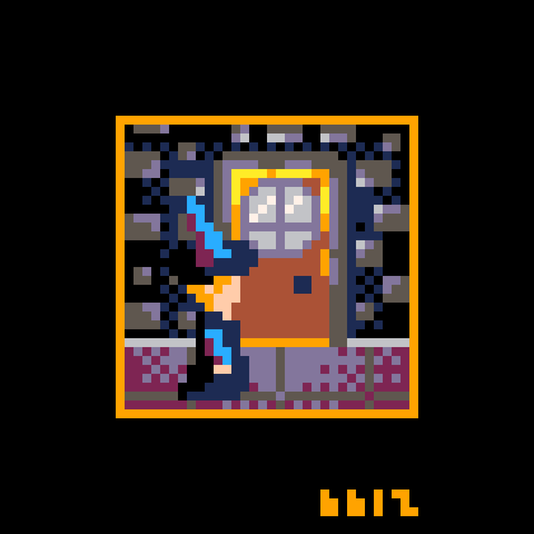 This is a 32x32 pixel art piece where a young boy is dressed as a wizard on a doorstep.