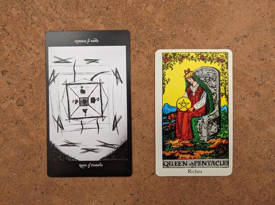 The Queen of Pentacles from the Elsewhere Tarot, showing a rough, sketchy drawing of a…square pyramid, or tunnel, with small white, and larger black blotches, which may be figures, on its faces, which are probably stairs, and a dark central whorl or maelstrom, and dark snakes or tendrils coming out of the structure, and a surrounding perimeter of sigils that look like the side view of a folding table with crossed legs, alongside the Queen of Pentacles from a janky, bootleg RWS deck, showing a woman with a long green headdress sitting on a throne outdoors in a majestic landscape, looking down at a golden pentacle.