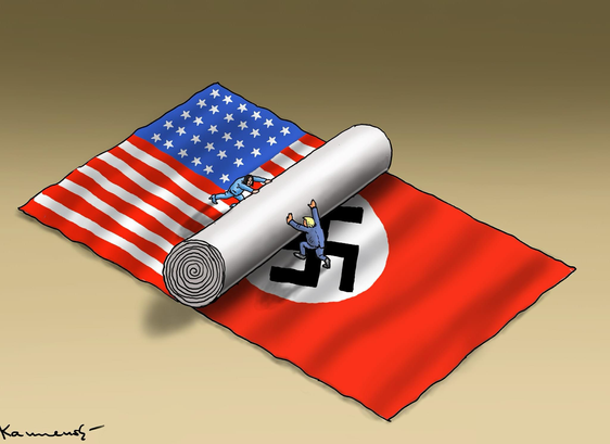 Umbria brown background  drawing of Trump rolling up the America. Flag revealing the Nazi flag.  Kamala Harris pushing back to unroll the America flag.