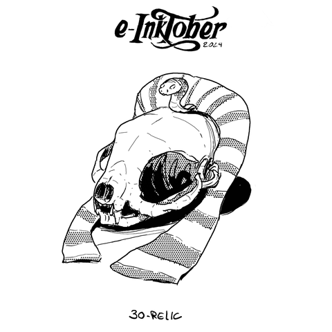 A black and white drawing of a cat skull with a pharaoh hat.