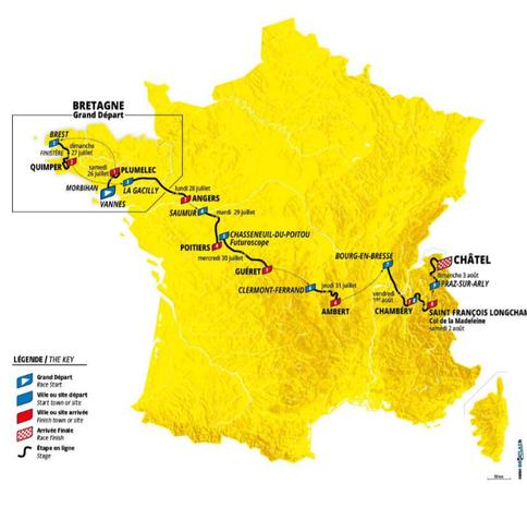 A map of the 2025 Tour de France Femmes route, crossing the middle of France like a wonky belt.
