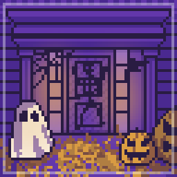 Pixel art of a doorstep with Halloween decorations.There's a skeleton decal on the door, a spiderweb on the corner, a bat across from it, two jack o lanterns on the right, a ghost on the left, and leaves on the ground.