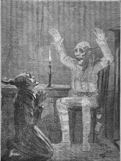 Scrooge on his knees is being spooked by a ghost with its arms raised high above its head!! Yes, it's his old partner Marley come to haunt him!