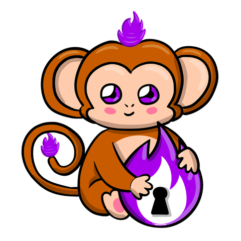 The monkey osco, the mascot of the Open Security Conference, hugging a flame with a key hole.