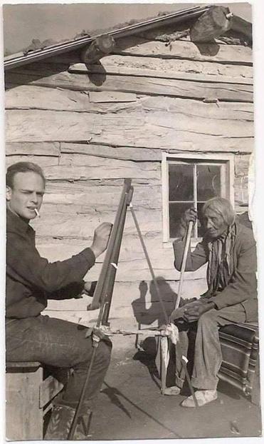 Joseph White Cow Bull (Cheyenne) being painted by Artist David Humphreys Miller. Circa 1938.