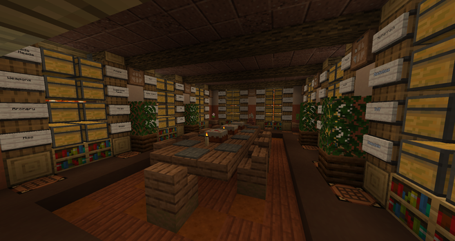 Build a shared storage room with Mister Wizzard. As with the Hobbit theme, the room is line by chests and barrels but the center piece is a big dining table with cakes.