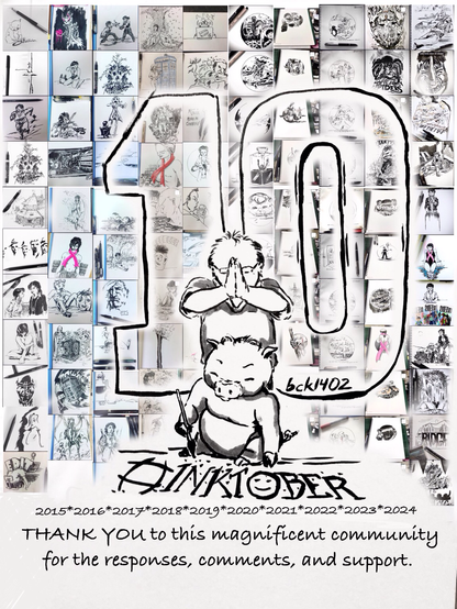 Giving thanks for all the support for InkTober 2024 marking 10 years since I first started on this journey (showing a collage of InkTober drawings from the last 10 years in the background) and a little pig with a brush in the foreground.
