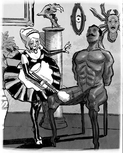 An illustrated scene depicting Erie in her Chamberlain’s seminary outfit attending to the human chair. The setting features various natural sculptures and artwork in the background, creating a surreal atmosphere. The overall tone is whimsical yet unsettling.