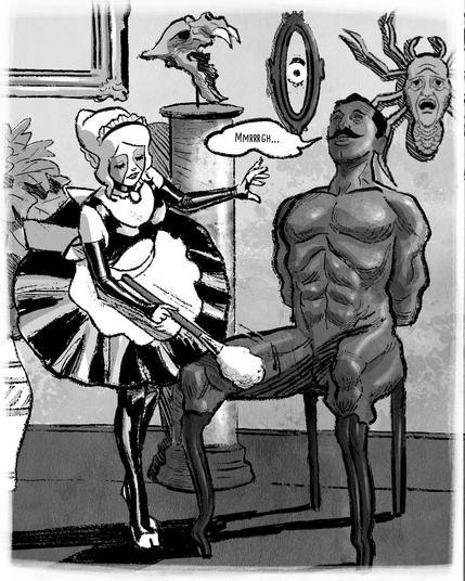 An illustrated scene depicting Erie in her Chamberlain’s seminary outfit attending to the human chair who is moaning because of Erie’s caress with her feather duster. The setting features various natural sculptures and artwork in the background, creating a surreal atmosphere. The overall tone is whimsical yet unsettling.