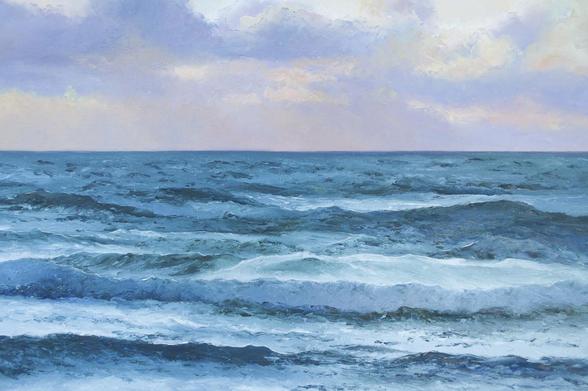 A rectangular ocean painting at sunset capturing a peaceful and meditative atmosphere, with soft waves gently reflecting the warm colors of the setting sun, creating a relaxing experience.
Impressionist seascape oil painting of the ocean in the evening twilight. The clouds are soft and fluffy with a faint pink tinge.