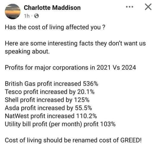 Charlotte Maddison 

Has the cost of living affected you ?

Here are some interesting facts they don't want us speaking about.

Profits for major corporations in 2021 Vs 2024

British Gas profit increased 536%
Tesco profit increased by 20.1%
Shell profit increased by 125%
Asda profit increased by 55.5%
NatWest profit increased 110.2%
Utility bill profit (per month) profit 103%

Cost of living should be renamed cost of GREED!