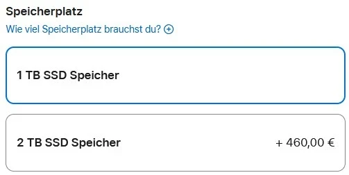 Screenshot der Konfiguration eines neuen MacBook Pro. Das Upgrade von 1TB SSD auf 2TB SSD kostet 460€ 🤡