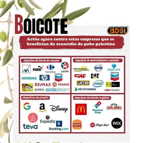 BOICOT
Actúa agora contra estas empresas que se benefician do xenocidio do pobo palestino
Obxectivos de boicot de consumidores: Hewlett Packard Inc (HP Inc), Chevron (incluíndo Caltex e Texaco), Siemens, PUMA, Carrefour, AXA, SodaStream, Ahava, RE/MAX.
Obxectivos de desinvestimento e exclusión: Elbit Systems, Intel, HD Hyundai/Volvo/CAT/JCB, Barclays, CAF, Chevron e Noble Energy propiedad de Chevron, HikVision, TKH Security.
Obxectivos de presión: Google e Amazon, Airbnb/Booking/Expedia, Disney, Industrias farmacéuticas Teva.
Obxectivos de boicot orgánico: McDonald’s, Burger King, Papa John’s, Pizza Hut, Domino's Pizza, WIX.
