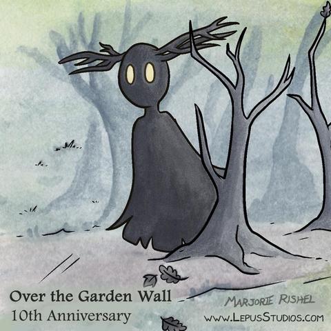 A shadowy creature with tree branches for horns stalks though the trees need the end of a path. Based on The Beast from the cartoon mini-series, Over the Garden Wall.