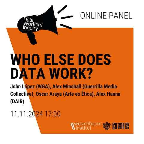 Data Workers Inquiry Logo. Online Panel. Who Else Does Data Work? John López (WGA), Alex Minshall (Guerrilla Media Collective), Oscar Araya (Arte es Ética), Alex Hanna (DAIR). 11.11.2024 17:00.