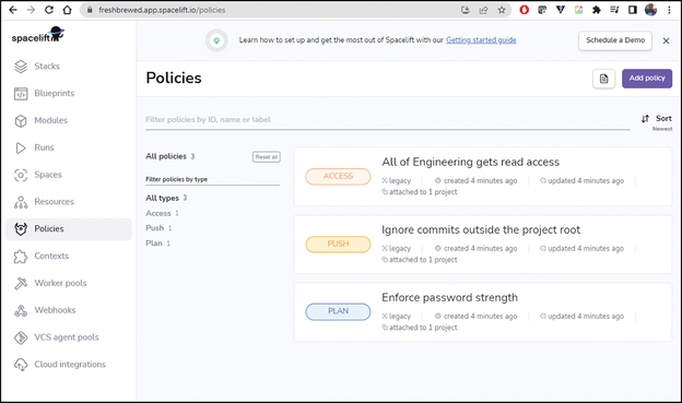 (screenshot of the Spacelift Policies screen) Policies are a special feature of Spacelift: Compliance and security rules can be enforced within rolled-out Spacelift stacks, to the delight of security officers. © Spacelift