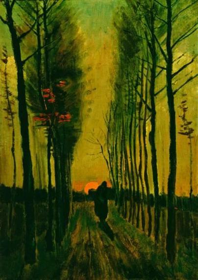 A painting by Vincent van Gogh, Poplars at Sunset, depicts the setting Sun perfectly aligned with a long lane of trees, casting long shadows.