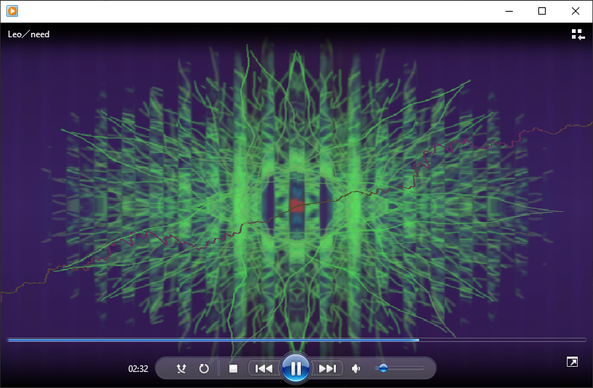 Screenshot of Windows Media Player playing a song from Leo/need and displaying the Alchemy visualisation.