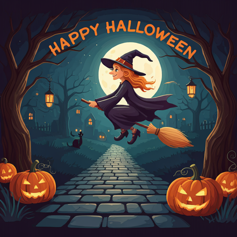 A playful witch with a mischievous grin rides a broomstick under a full moon. In the background, a cobblestone path leads to a pumpkin patch with a black cat. The words 'Happy Halloween' are written in a curly, festive font.