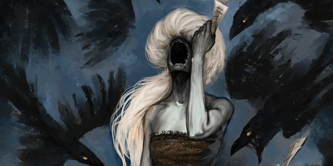 Haunting woman-like figure with only a mouth for a face screams while holding a letter, surrounded by angry ravens in flight.