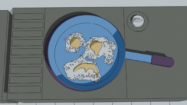 Cartoon rendering of a pan on a stoven, with three eggs inside. The eggs have the vague shape of a disapproving face.