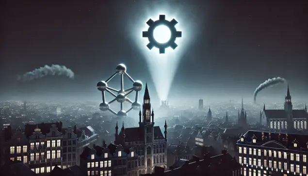 Gloomy landscape reminiscing of the batman call signal, but the city is  Brussels as we can see the atomium and the grand place tower. There is a gear in the beam light, representing FOSDEM
